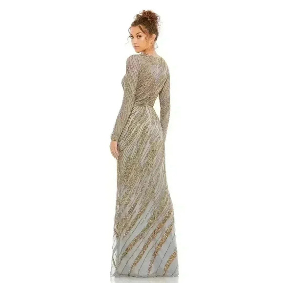 New Mac Duggal 5240 Beaded Illusion Neck Long Sleeve Maxi Gown - Size 10- Platin - Picture 5 of 12